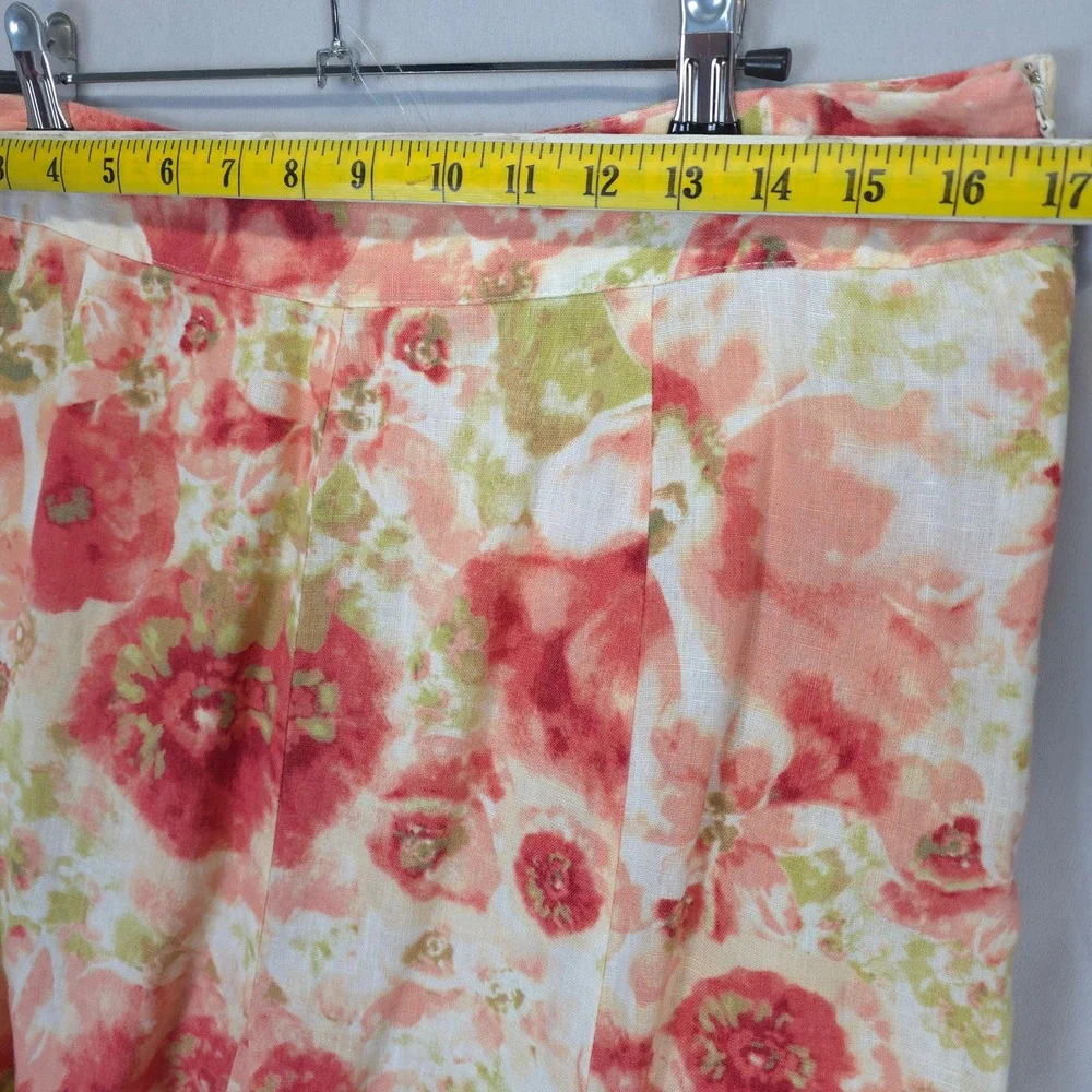 Watercolor Floral Linen Skirt Peach Coral Boho Flowy Midi Women 12 JM Collection